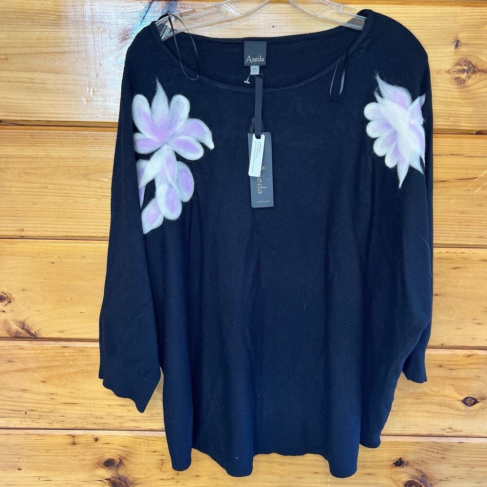 Aaeda V Neck Sweater Knit Compression Art Natural Stretch Felted Flowers Sz 3X